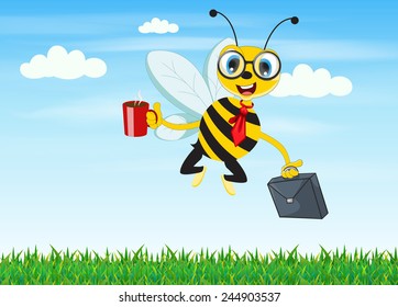 Illustration of cartoon worker bee flying to the office in the morning.