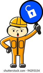 illustration of cartoon worker bring and showing traffic sign