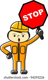 illustration of cartoon worker bring and showing traffic sign