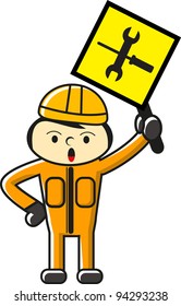 illustration of cartoon worker bring and showing traffic sign