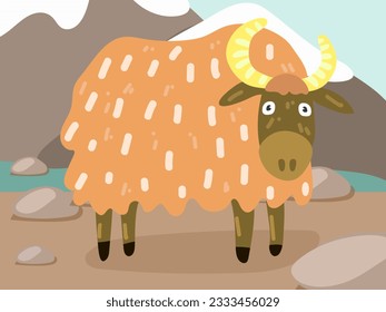 Illustration of a cartoon yak in the mountains. A mountainous area with a cute yak. Yak at his usual place of residence. Children's illustration, printing for children's books