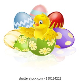 An illustration of a cartoon yellow Easter chick hatching out of a broken Easter egg with more chocolate decorated Eater eggs in the background