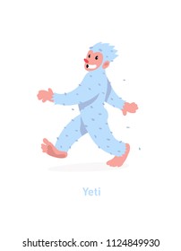 An illustration of a cartoon Yeti. Vector illustration. A walking white yeti is coming. Image is isolated on white background. Flat fashion illustration for banner, print and website. Mascot company.