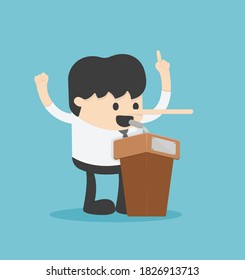 illustration in cartoon young businessman who offers ideas for his gain but lies, lengthening his nose.