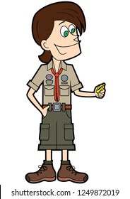 Illustration Cartoon Young Man Scout Leader Holding A Compass