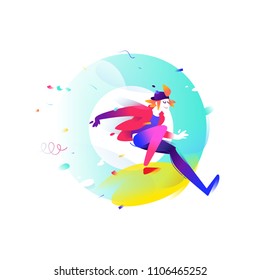 Illustration of a cartoon young man. Vector illustration. The boy runs out of the letter O. The image is isolated on a white background. Flat fashion illustration for banner, print and website. Mascot