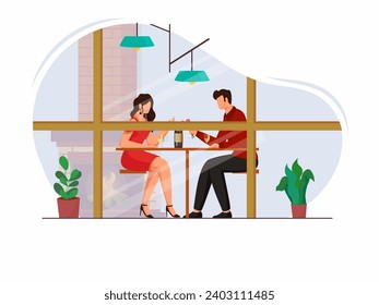 Illustration of Cartoon Young Romantic Couple Celebrating Anniversary or Valentine's Day at Home or Restaurant. Can Be Used as Greeting Card or Poster Design.