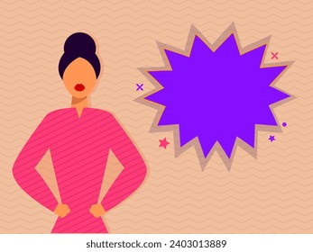 Illustration of Cartoon Young Woman in Standing Pose and Empty Purple Comic Star Bubble on Pastel Brown Zig Zag Striped Pattern Background.