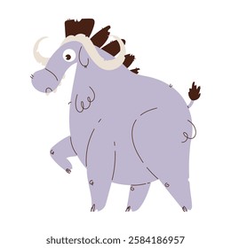 Illustration of a cartoon-style buffalo with curved horns and a playful expression. Stylized design with exaggerated features on a white background. Cartoon Wild Buffalo with Curved Horns