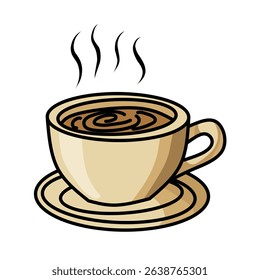 illustration of a cartoon-style coffee cup with a saucer and steam. Perfect for café designs, breakfast visuals, and hot beverage-themed graphics.