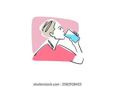 illustration of a cartoon-style flat design featuring a person drinking a glass of water. 