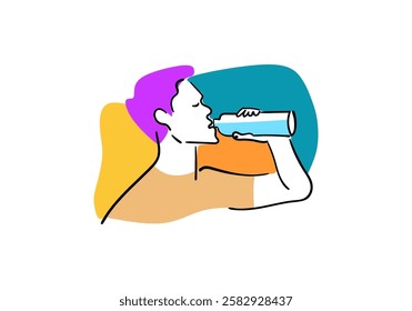 illustration of a cartoon-style flat design featuring a person drinking a glass of water. 