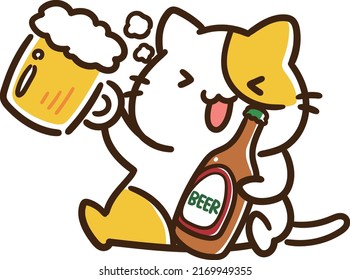 Illustration of a cartoon-style handwritten cat happily toasting with everyone with beer