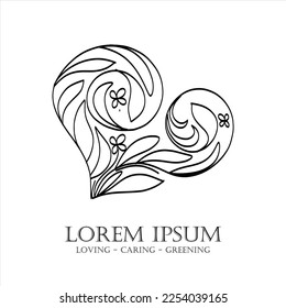 illustration of carved heart icon with the feel of hand, curved vector, butterfly shape. plants, leaves, beautiful flowers, love theme. Valentines, stickers and logos line art in white background 