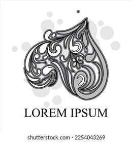 illustration of carved heart icon with the feel of hand, curved vector, butterfly shape. plants, leaves, beautiful flowers, love theme. Valentines, stickers and logos greyscale in white background 
