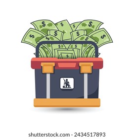 Ilustración de efectivo dentro de una caja de herramientas, que representa ahorros financieros y seguridad.