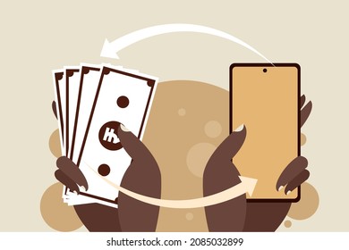 Illustration of cash in one hand and a mobile phone in other hand. Concept for digital payments and money transfer