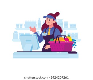 Illustration of a cashier saleswoman girl in a supermarket. Vector. A character in a store behind the cash register sells goods. Hero mascot for a catalog or corporate identity. Discounts on goods.