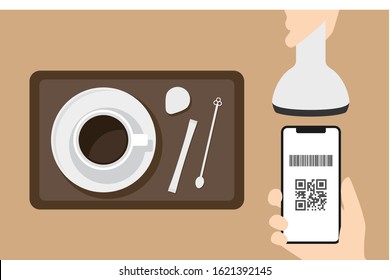 Illustration of cashless payment in cafe.