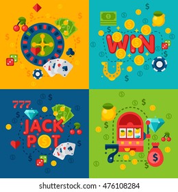 Illustration of Casino elements in flat style on white background. Gambling, casino, money, roulette, poker. Casino design concept set.