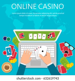 Illustration of casino online in flat style. Concepts web banner. Background of Casino online. Online poker app on laptop screen, cards and poker chips all around. EPS10