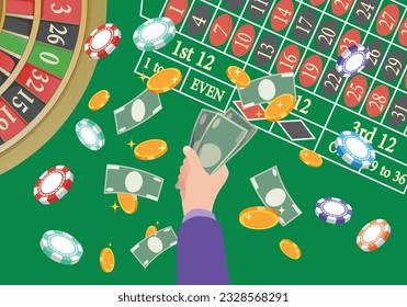 Illustration of a casino roulette table and a hand grabbing money