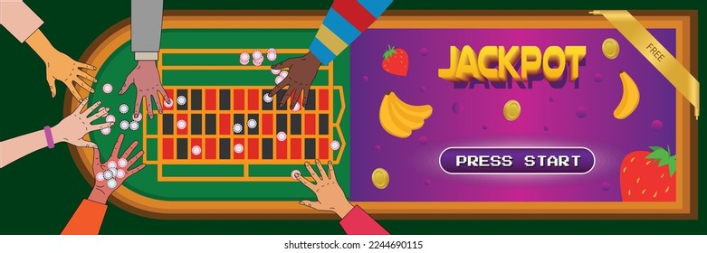 Cartoon Casino horizontalen Banner mit Kopienraum. Hände, die Chips halten. Vektorgrafik