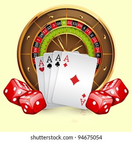 Illustration of casino roulette wheel with cards and dice. Isolated on white background