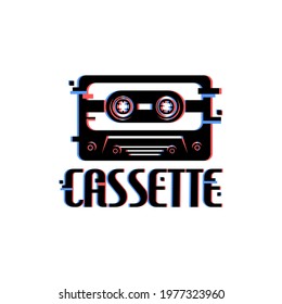 illustration of a cassette with a glitch style. vintage cassette logo for retro music store.