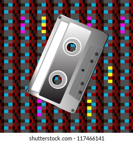 Illustration of a cassette over a pixel art pattern, hipster icon