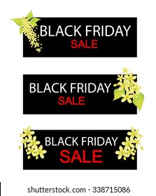 Illustration of Cassia Fistula or Golden Shower Flowers on Black Friday Shopping Banner for Start Christmas Shopping Season.