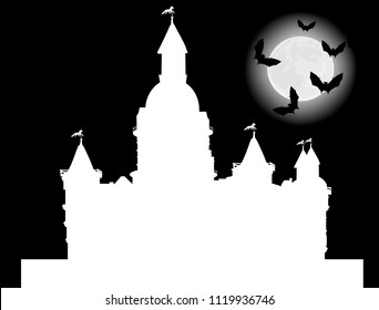 ilustración con castillo y murciélagos en luna llena