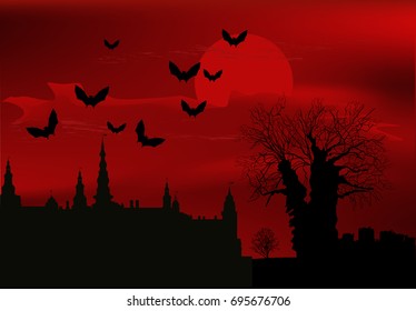 illustration with castle and bats at red sunset