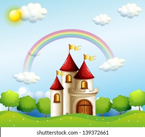 Illustration of a castle below the rainbow