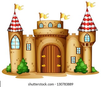 Illustration of a castle with four banners on a white background