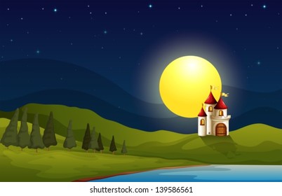 Illustration of a castle at the hill under a bright moon