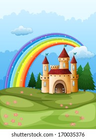 Illustration of a castle at the hilltop with a rainbow