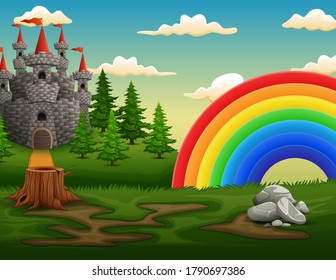 Illustration of a castle at the hilltop with a rainbow