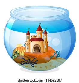 Illustration of a castle inside a fishbowl on a white background