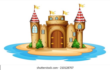 Illustration of a castle in the island on a white background