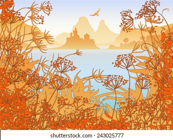 Illustration of the castle and the lake in the mountains