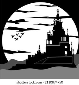 illustration of castle in the moonlight and flying birds