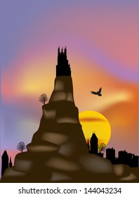 illustration with castle in mountains