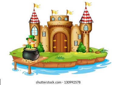 Illustration eines Schlosses mit einem alten Mann in einem Topf mit Münzen auf weißem Hintergrund
