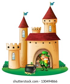Illustration of a castle with an old man and a pot of coin on a white background