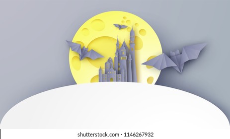 Illustration of the castle on Halloween with space for your text. Castle on Halloween with full moon. paper cut and craft style. vector, illustration.