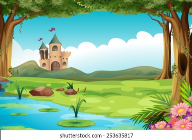 Ilustração de um castelo e uma lagoa