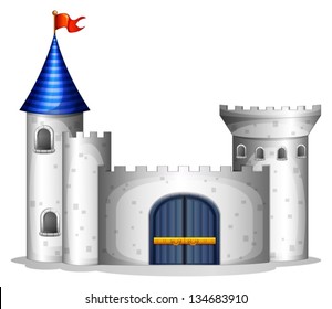 Illustration of a castle with a red flag on a white background