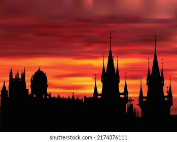 illustration with castle at red sunset