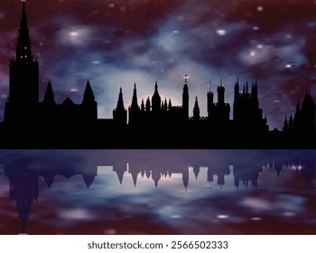 illustration with castle and reflection at lilac night